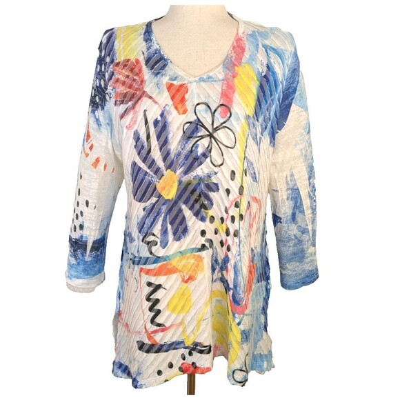 Jess & Jane Womens XL Pleated Abstract Print V-Neck Tunic Top - Picture 1 of 8